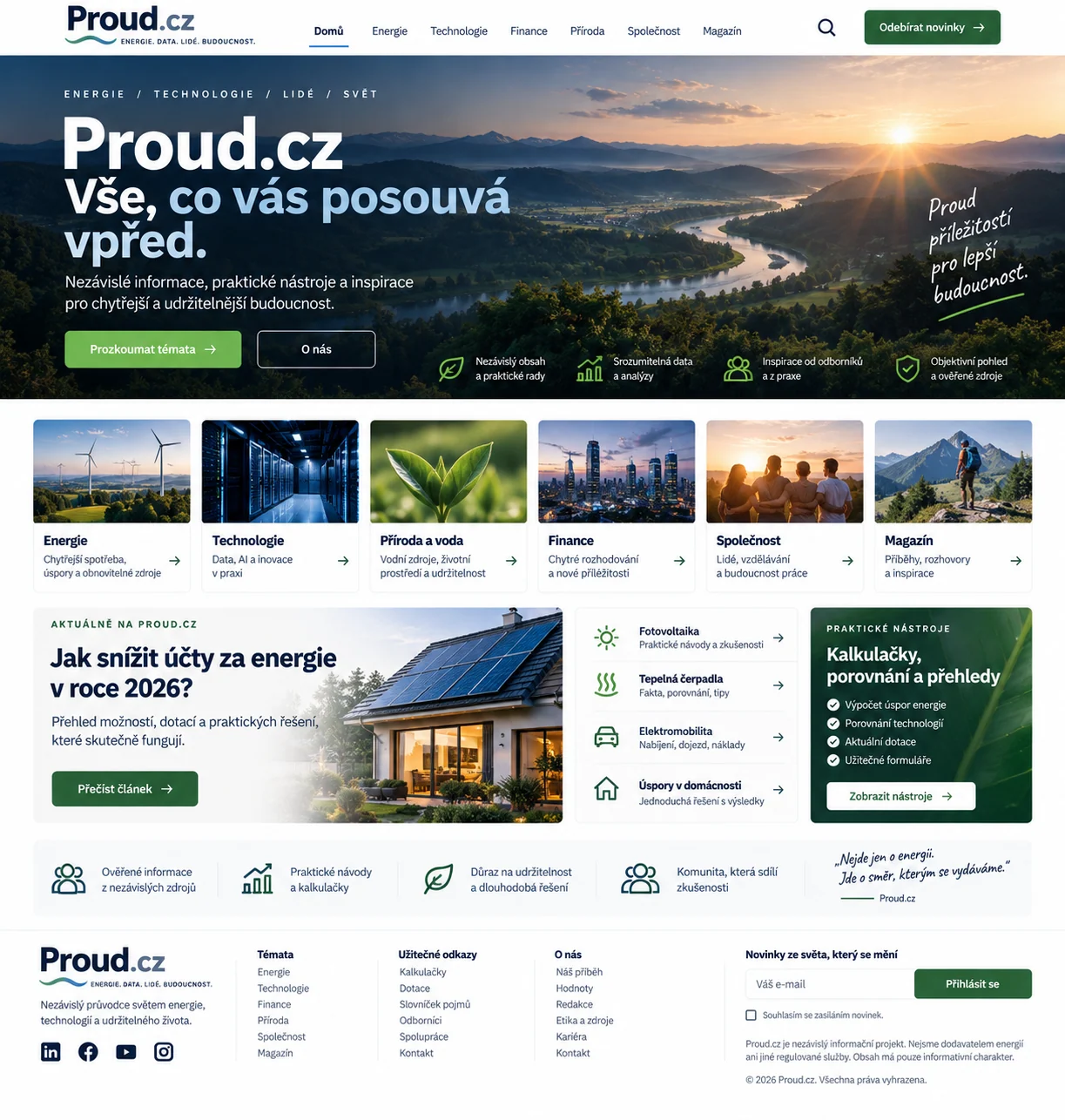 Ilustrační návrh nezávislého informačního portálu Proud.cz o praktických tématech a souvislostech každodenního života